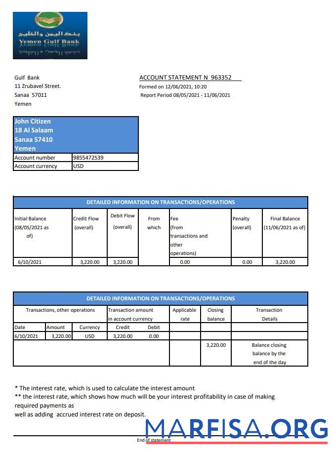 Printable Yemen Gulf bank statement excel real example